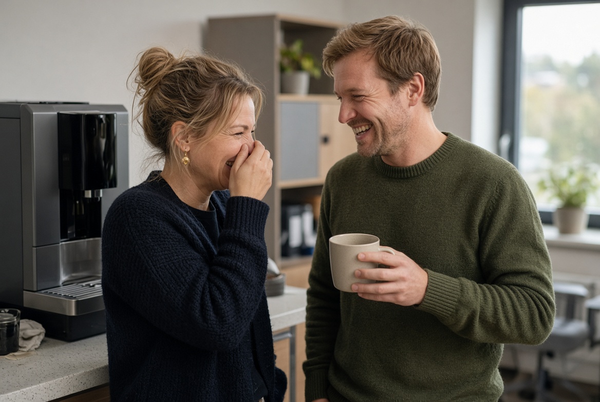 To kolleger der griner af en intern joke ved kaffemaskinen