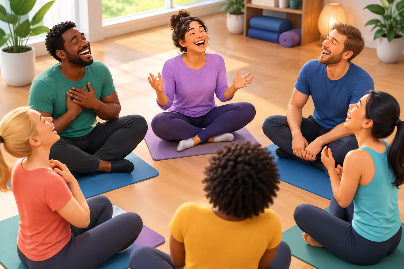 En gruppe griner sammen til latteryoga