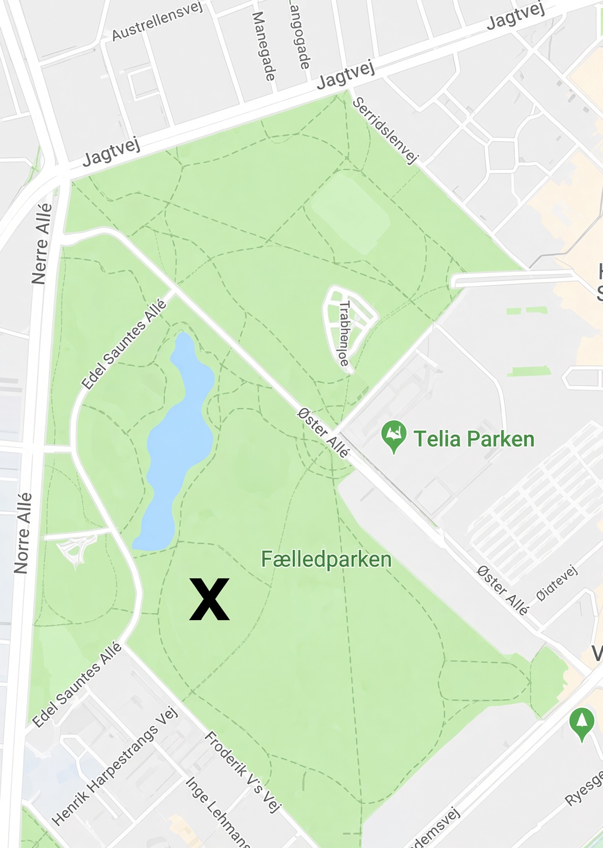 Kort over Latterens Verdensdag i Fælledparken, syd for søen overfor Parken