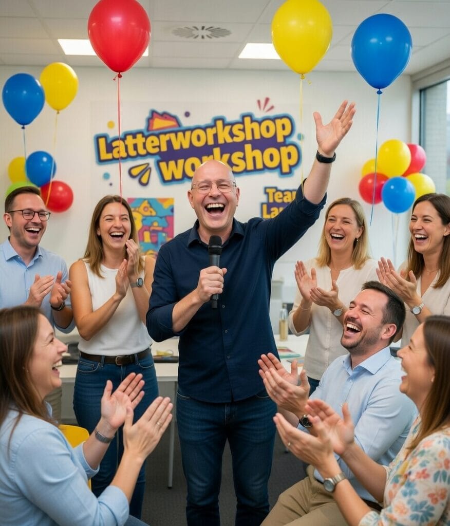 Latterkonsulent Ejvind Jacobsen holder en latter workshop til en teambuilding event - Latterkonsulent: Din Guide til Et Sjovt Arrangement - AI genereret billede