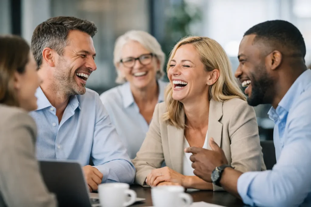 7 fordele ved at grine mere sammen. Ai billede af 5 kolleger der griner sammen.