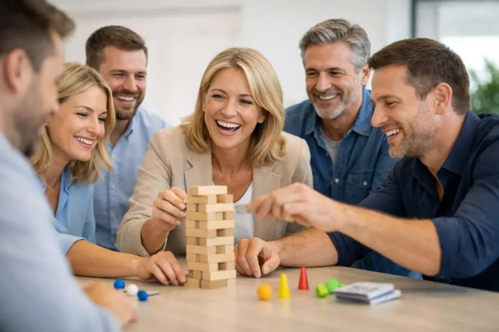 Aktivitet når gæster ikke kender hinanden. På AI billedet er det ikke latterkursus der får gæsterne til at grine, men et spil Jenga.