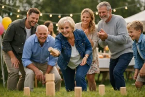 Aktivitet til rund fødselsdag der samler alle. Det kunne være kongespil som på AI billedet. Det kunne også være et grinekursus, hvor alle deltagerne har det sjovt sammen uden konkurrence
