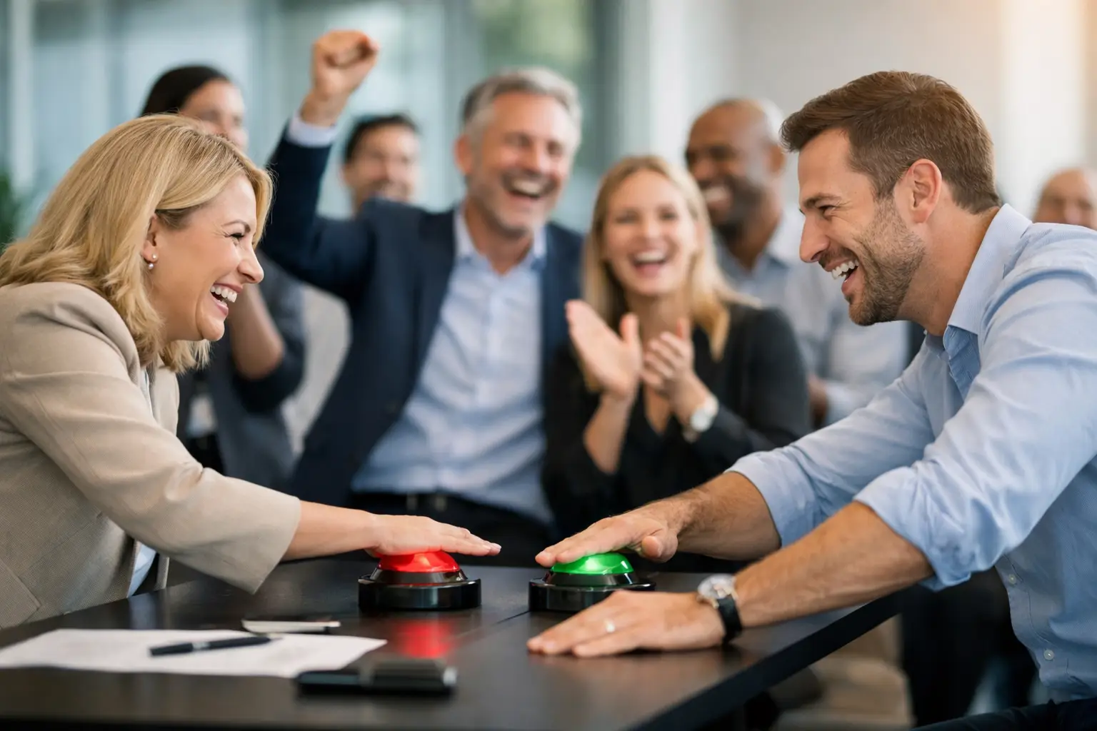 Firmaunderholdning med aktiv deltagelse virker. På dette AI billede er kollegaerne ved at grine med hinanden istedet for af hinanden