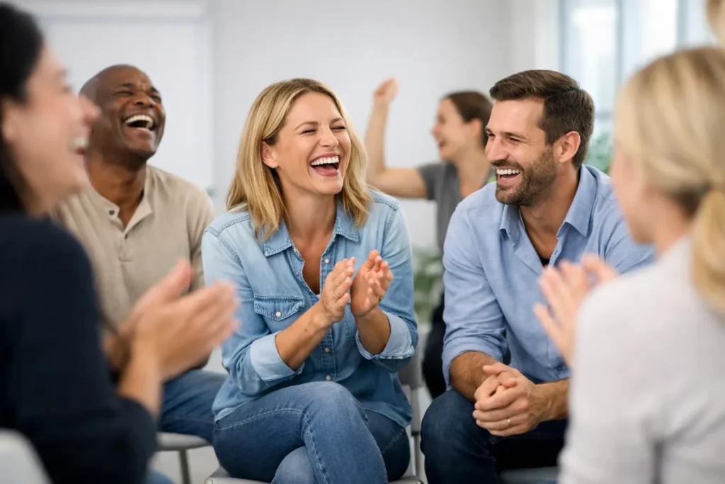 Hvad sker der i laughter workshops? What happens at a laughter workshop. Klik for mere information på dette AI billede