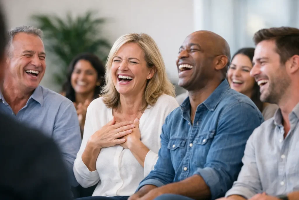 Hvor stammer latterkursus fra? Billede af folk der deltager i latterkursus og griner mens de sidder ned