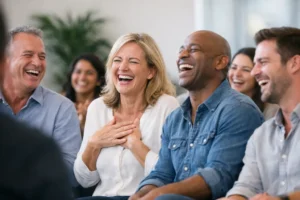 Hvor stammer latterkursus fra? Billede af folk der deltager i latterkursus og griner mens de sidder ned