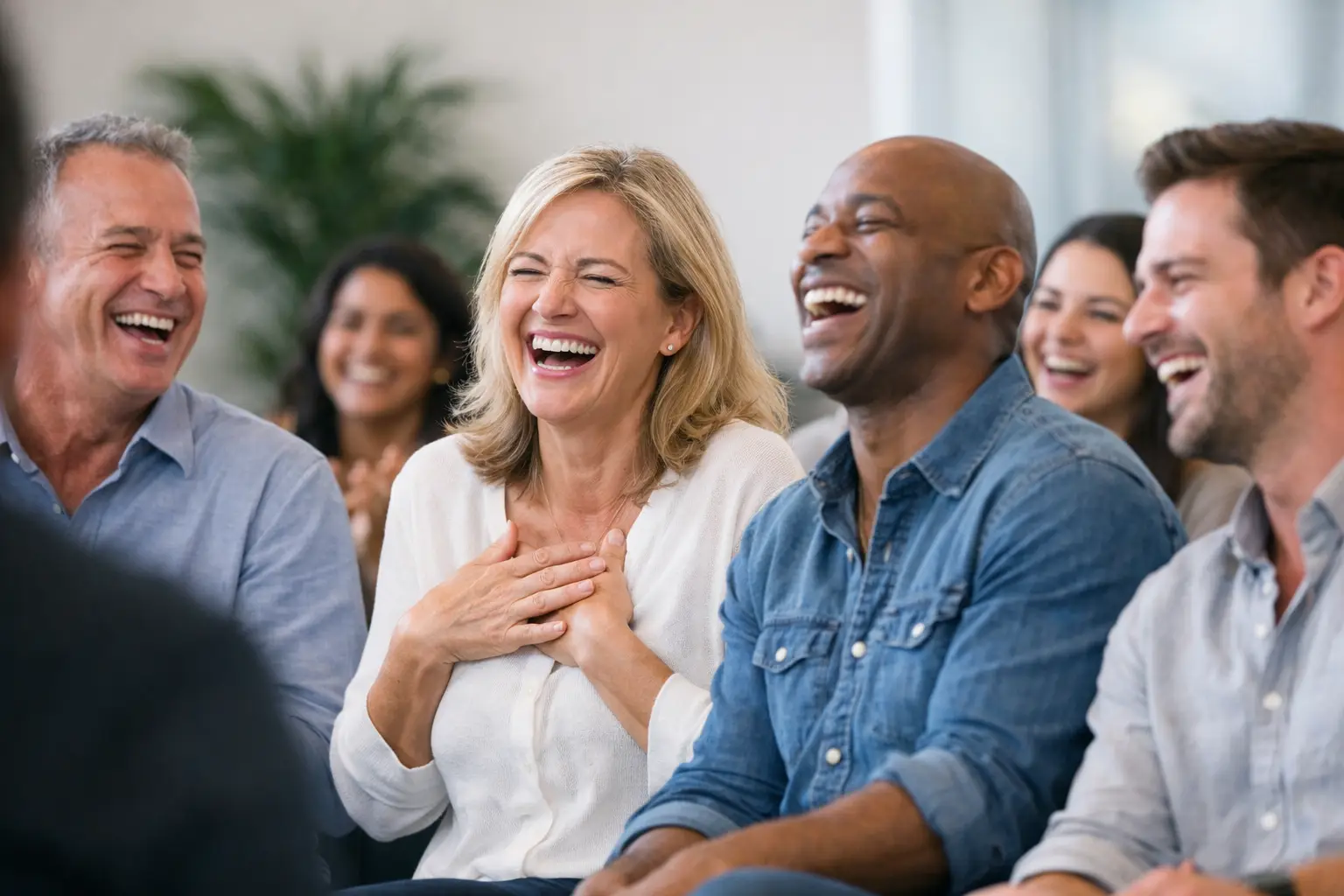 Hvor stammer latterkursus fra? Billede af folk der deltager i latterkursus og griner mens de sidder ned