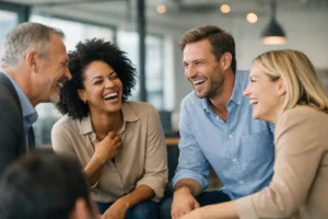 Kan latter styrke fællesskab i grupper? AI billede af 5 kolleger i en gruppe der griner for at styrke fællesskabet