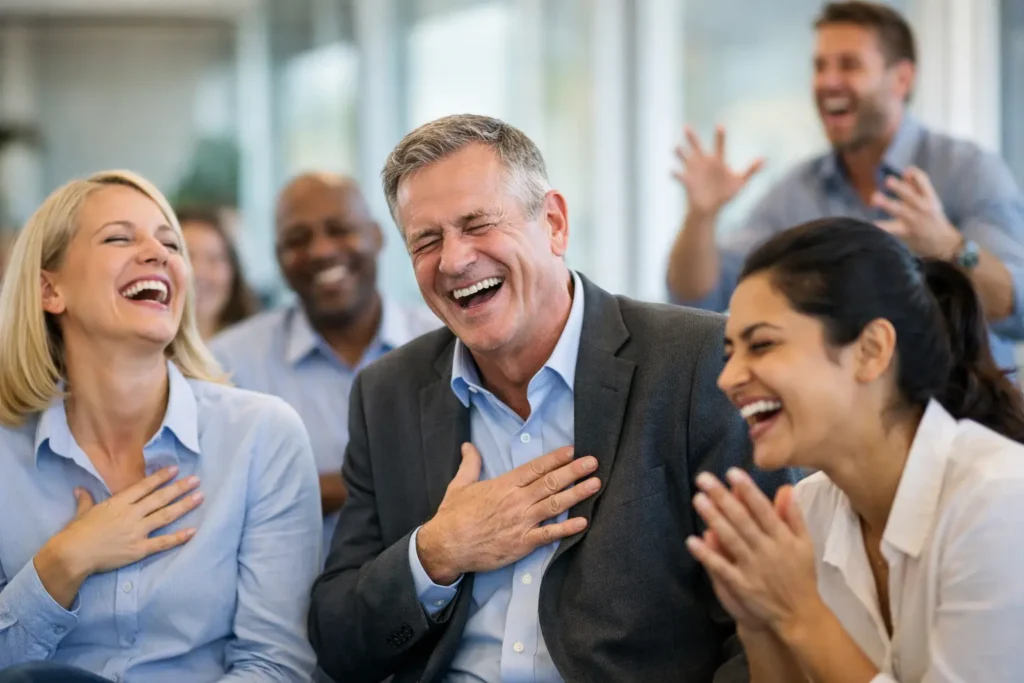 Latterkursus som underholdning virker. Billede af deltagere ved et latterkursus. AI