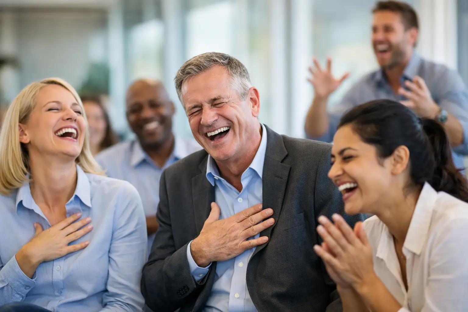 Latterkursus som underholdning virker. Billede af deltagere ved et latterkursus. AI