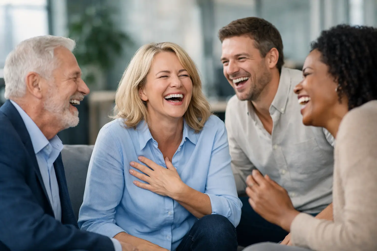 Latterøvelser for voksne der virker med det samme. AI billede af 4 voksne der griner sammen