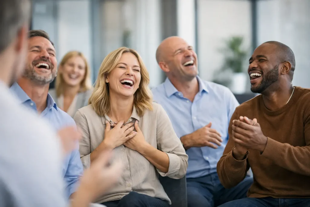 Latterworkshop til medarbejdertrivsel virker som et kæmpe energiboost. På dette AI billede er medarbejderne igang med en latterworkshop for bedre trivsel