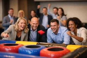 Sjov aktivitet til firmafest der samler alle. AI billede der viser en anden sjov aktivitet med folk der smiler og griner