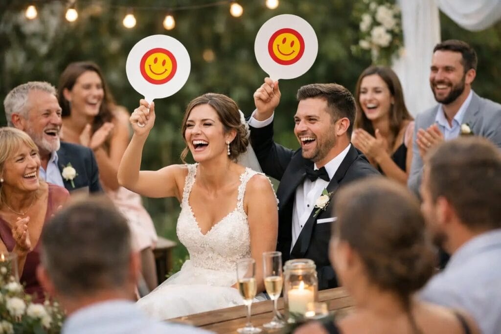 Sjov indslag til bryllup, der samler alle. At grine sammen til brullupsfesten kan få næsten alle med. Hele festen bliver sjovere. På AI billedet sidder en brud og brudgom med en auktionspadel. Måske skal de sælges?