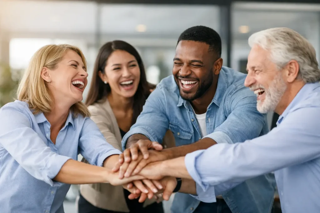 Teambuilding med latter, der samler holdet. AI billede af deltagere ved en teambuilding event med latter